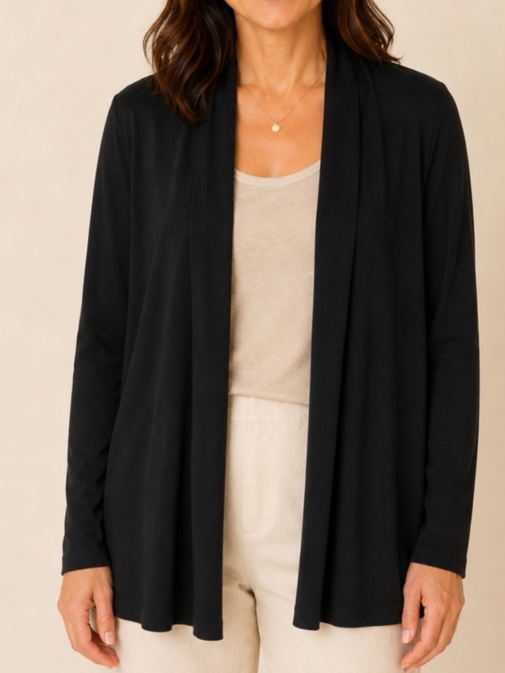 Eileen Fisher Silk Black Open Front Draped Cardigan Size L